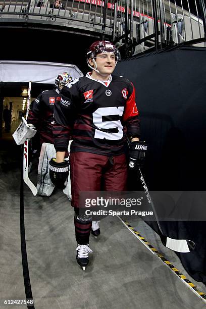 Jiri Cernoch of HC Sparta Prague heads to the ice for warm up before the Champions Hockey League Round of 32 match between Sparta Prague and Karpat...