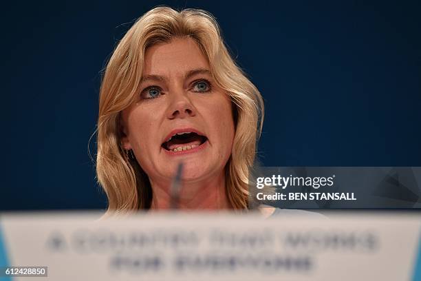 British Education Secretary and Minister for Women and Equalities Justine Greening delivers a keynote address on the third day of the annual...