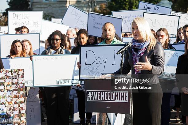 Constitutional Accountability Center President Elizabeth Wydra speaks during a demonstration urging the U.S. Senate to hold a confirmation vote for...