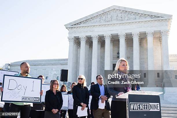 Constitutional Accountability Center President Elizabeth Wydra speaks during a demonstration urging the U.S. Senate to hold a confirmation vote for...