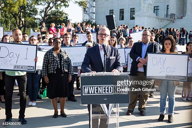 Plaintiff in the Obergefell v. Hodges Supreme Court case Jim Obergefell speaks during a rally urging the U.S. Senate to hold a confirmation vote for...