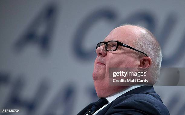 Eric Pickles MP delivers a speech on the third day of the Conservative Party Conference 2016 at the ICC Birmingham on October 4, 2016 in Birmingham,...