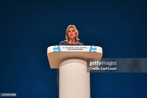 Secretary of State for Justine Greening delivers a speech on the third day of the Conservative Party Conference 2016 at the International Conference...