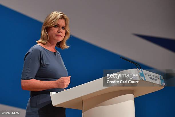 Secretary of State for Justine Greening delivers a speech on the third day of the Conservative Party Conference 2016 at the International Conference...