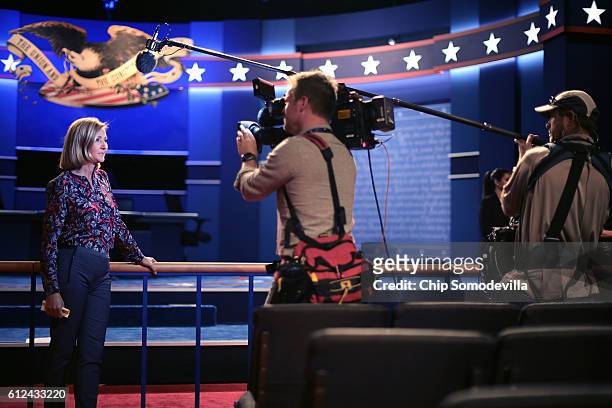 Correpsondent Chris Jansing reports from inside Willett Hall before the vice presidential debate at Longwood University October 4, 2016 in Farmville,...
