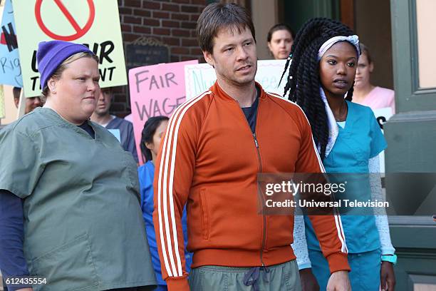 Nurses' Strike" Episode 502 -- Pictured: Fortune Feimster as Colette Kimball-Kinney, Ike Barinholtz as Morgan Tookers, Xosha Roquemore as Tamra --