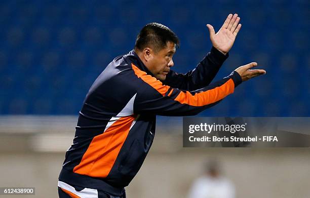 Head coach Jong Bok Sin of Korea DVR gestures during the FIFA U-17 Women's World Cup Jordan Group C match between Brazil and Korea DPR at Prince...