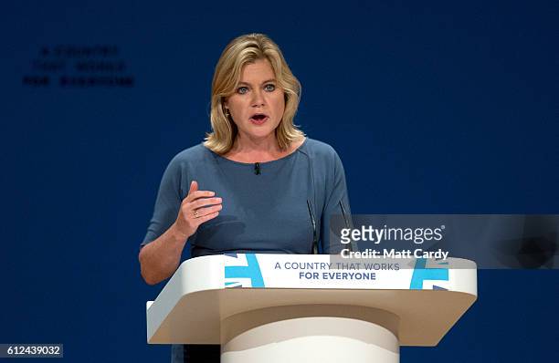 Justine Greening, Secretary of State for Education delivers a speech on the third day of the Conservative Party Conference 2016 at the ICC Birmingham...