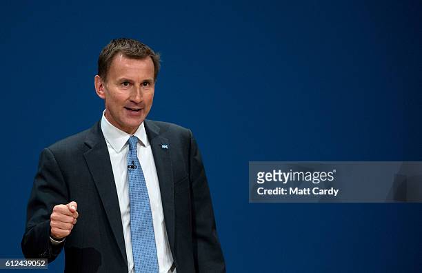 Secretary of State for Health, Jeremy Hunt delivers a speech on the third day of the Conservative Party Conference 2016 at the ICC Birmingham on...