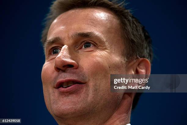 Secretary of State for Health, Jeremy Hunt delivers a speech on the third day of the Conservative Party Conference 2016 at the ICC Birmingham on...