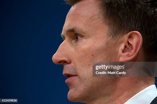Secretary of State for Health, Jeremy Hunt delivers a speech on the third day of the Conservative Party Conference 2016 at the ICC Birmingham on...