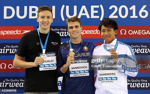 Silver medal winner Bobby Hurley of Australia , Gold medal winner Pavel Sankovic of Bulgaria and Bronze medal winner Takesi Kawamoto of Japan...