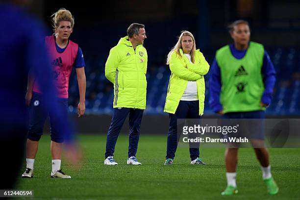 Paul Green and Emma Hayes of Chelsea Ladies during a training session at Stamford Bridge on October 4, 2016 in London, England.