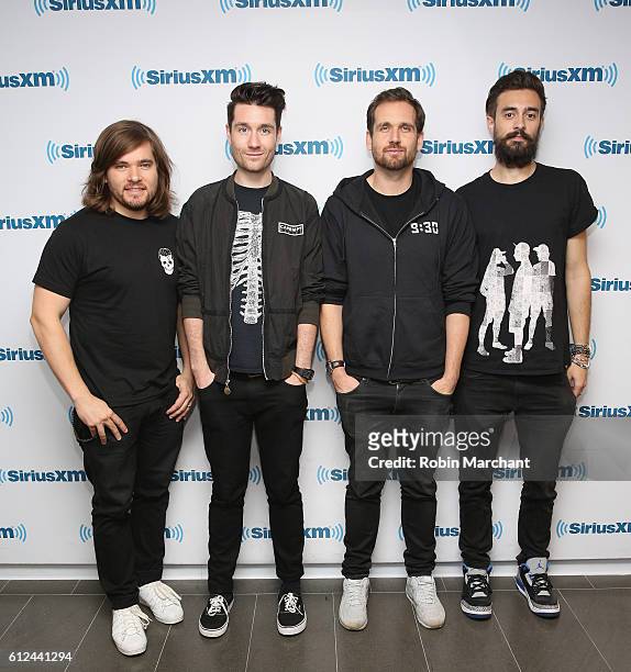 Chris 'Woody' Wood, Dan Smith, William Farquarson and Kyle J. Simmon of Bastille visit at SiriusXM Studio on October 4, 2016 in New York City.