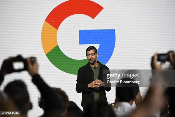 Sundar Pichai, chief executive officer of Google Inc., speaks during a Google product launch event in San Francisco, California, U.S., on Tuesday,...