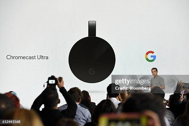 Mario Queiroz, vice president of product management for Google Inc., discusses the Google Chromecast Ultra during a Google product launch event in...