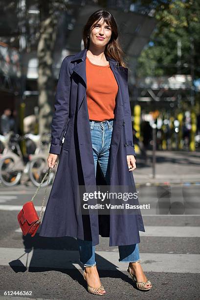 Jeanne Damas poses after the Vanessa Seward show at the Theatre du Chatelet during Paris Fashion Week SS17 on October 4, 2016 in Paris, France.