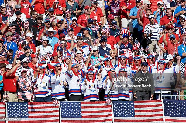 Team USA Bubba Watson ( in the stands with fans wearing Ryder Cup hockey jersies before the start of Singles matches at Hazeltine National GC....