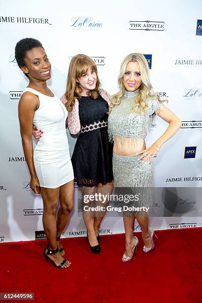 Actress Angelique Bates, Mosley Agin and Model Jaimie Hilfiger arrive for Jaimie Hilfiger's Birthday Celebration at The Argyle on October 3, 2016 in...