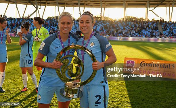 Steph Houghton and Lucy Bronze of Manchester City Women pose with the Continental Cup Trophy after Manchester City Women win the Continental Cup...