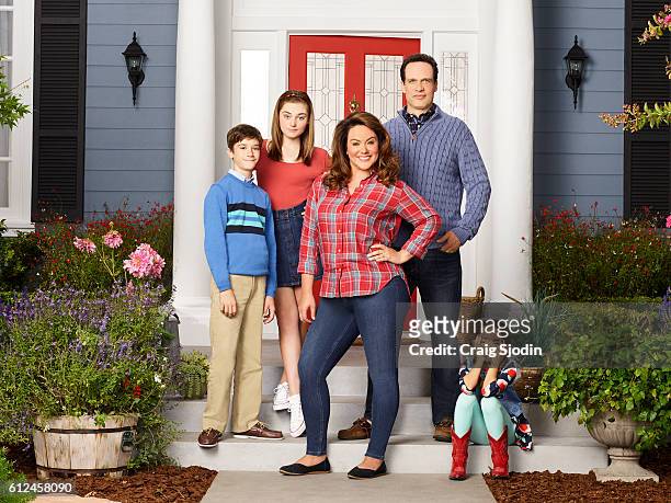 Walt Disney Television via Getty Images's American Housewife" stars Daniel DiMaggio as Oliver, Meg Donnelly as Taylor, Katy Mixon as Meg Donnelly,...
