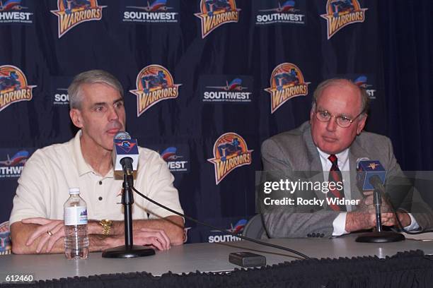 General Manager Gary St. Jean and head coach Brian Winters of the Golden State Warriors address the media before the NBA game against the Memphis...