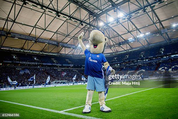 Schalke mascot Erwin waves prior the Bundesliga match between FC Schalke 04 and Borussia Moenchengladbach at Veltins-Arena on October 2, 2016 in...