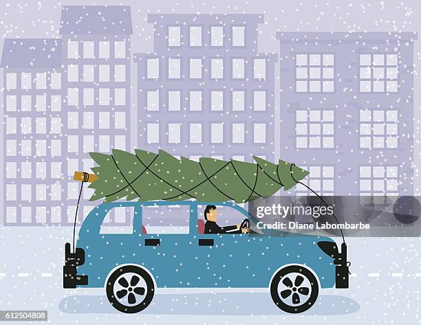 car with christmas tree on top in a snowy city - car winter stock illustrations