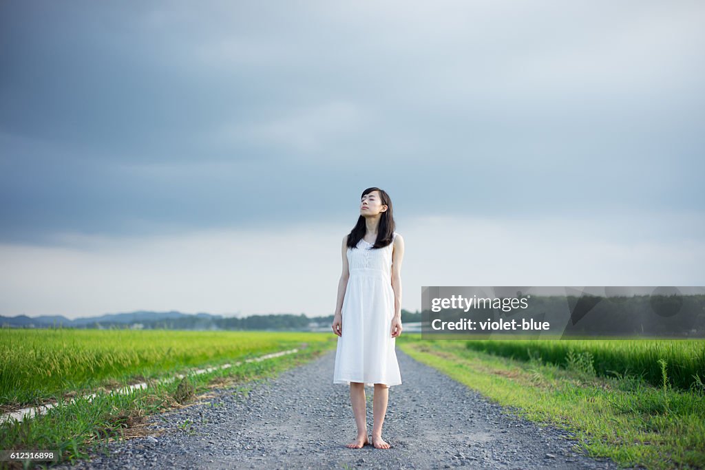 Mulher em pé em um arrozal