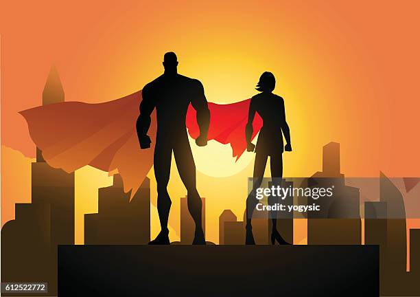 illustrations, cliparts, dessins animés et icônes de silhouette de héros de couple dans la ville - industrial portrait