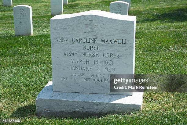 View of the tombstone for Army Nurse Anna Caroline Maxwell at Arlington National Cemetery, Arlington, Virginia, April 20, 2012. Known as the American...