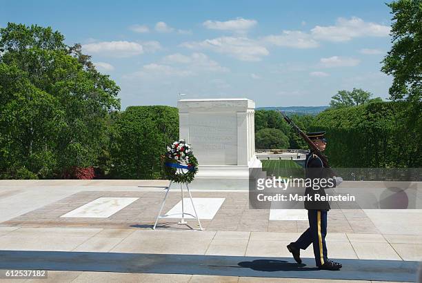 View of a uniformed guard at the Tomb of the Unknown Soldier at Arlington National Cemetery, Arlington, Virginia, April 20, 2012.