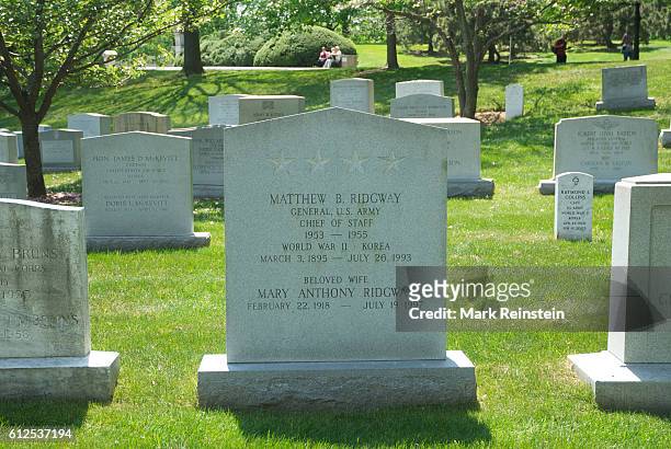 View of the tombstone for General Mathew B Ridgway and his wife, Mary Anthony Ridgway, at Arlington National Cemetery, Arlington, Virginia, April 20,...