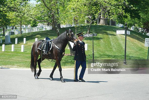 View of a funeral procession for an unidentified field grade officer of the United States Army at Arlington National Cemetery, Arlington, Virginia,...