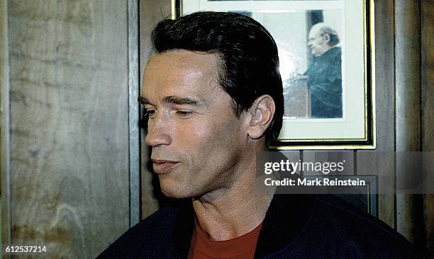 Close-up of actor, bodybuilder, and chairman of the President's Council on Fitness Arnold Schwarzenegger, Washington DC, May 1, 1991. The photo was...