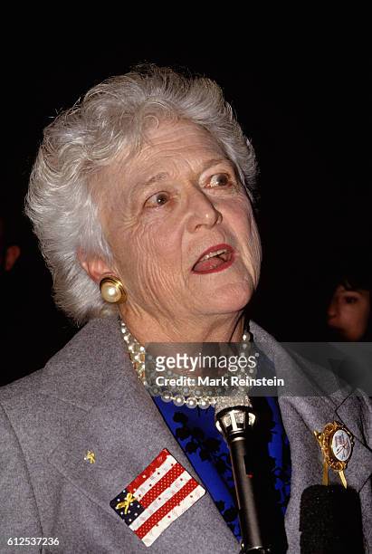 Close-up of US First Lady Barbara Bush as she speaks with the press at a service for military families at Quantico Marine Base, Virginia, February...