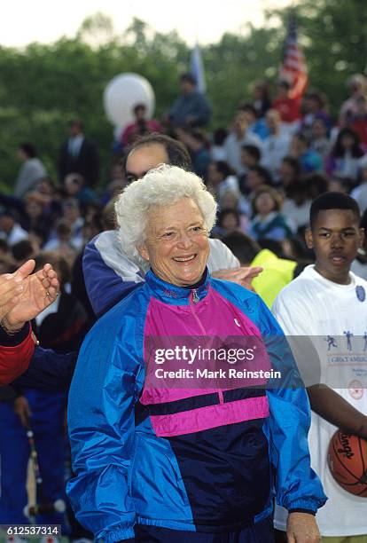 First Lady Barbara Bush participates in the Great American Workout event on the South Lawn of the White House, Washington DC, May 1, 1992.