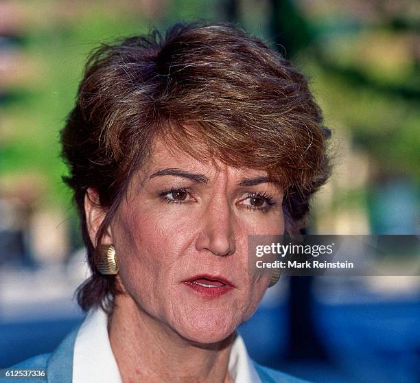 Close-up of former Treasurer of the United States Bay Buchanan after her appearance on the CBS-TV show, 'Face the Nation', Washington DC, 1996.