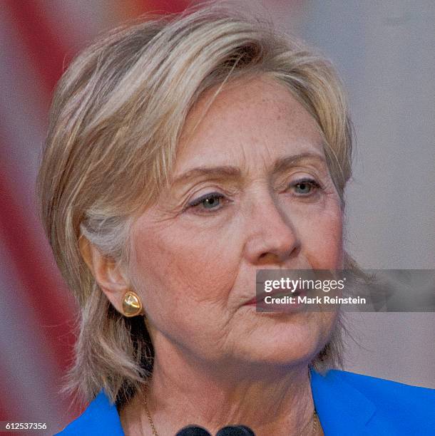 Close-up of former US Secretary of State and Democratic Presidential candidate Hillary Clinton addresses the National Baptist Convention, Kansas...