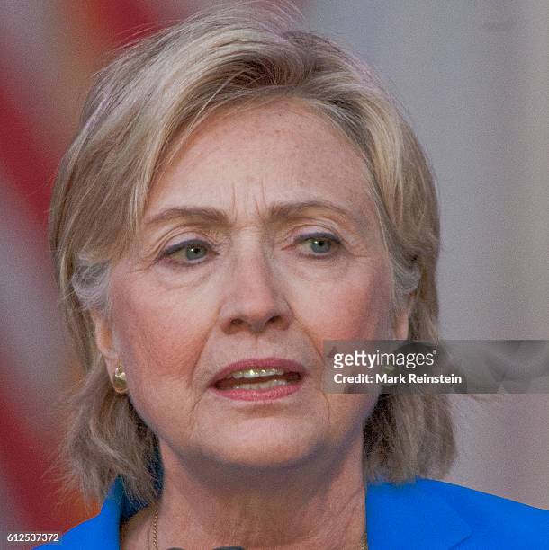 Close-up of former US Secretary of State and Democratic Presidential candidate Hillary Clinton addresses the National Baptist Convention, Kansas...