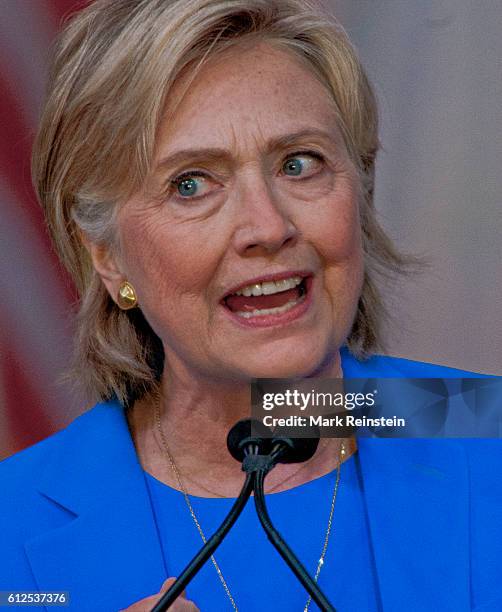 Close-up of former US Secretary of State and Democratic Presidential candidate Hillary Clinton addresses the National Baptist Convention, Kansas...