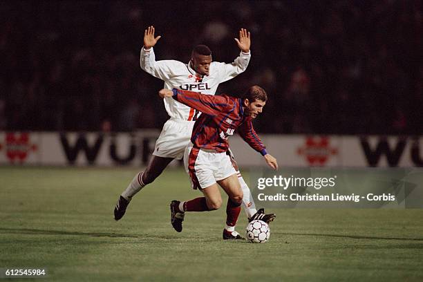 Marcel Desailly and Zinedine Zidane during the second leg of the 1995-1996 UEFA Cup soccer quarterfinal.