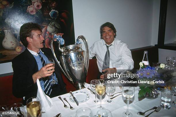 Olympique Marseille's captain Didier Deschamps with president of the club Bernard Tapie during a party after the European Champions Cup final, season...