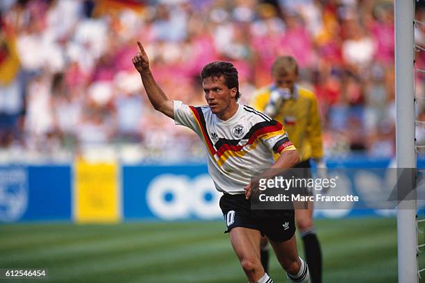 Lothar Matthaus celebrates scoring a goal for West Germany in a quarter final match of the 1990 FIFA Soccer World Cup against Czechoslovakia. West...