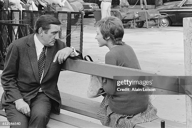 Italian actor Lino Ventura and French actress Marlene Jobert on the set of Dernier Domicile Connu, written and directed by French director Jose...