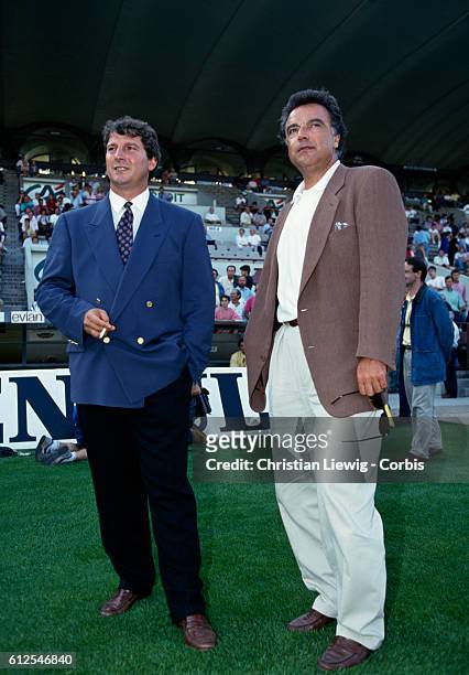 French soccer championship for the 1993-1994 season. Bordeaux vs Cannes . Coach Roland Courbis and businessman , Alain Afflelou, President of...