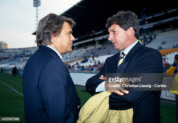 Bernard Tapie, president of Olympique de Marseille and Roland Courbis, coach of Toulouse. French championship division 2 for the season 1994-1995....