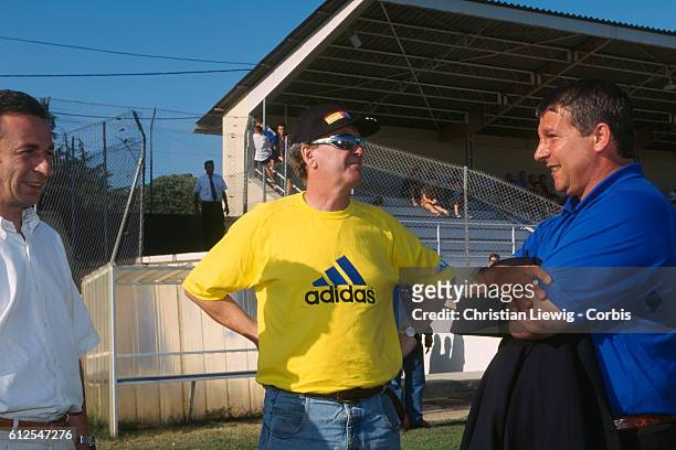 French soccer club Olympique de Marseille. OM club President Robert Louis-Dreyfus with team coach, Roland Courbis.