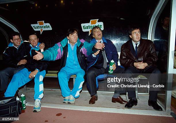 French soccer championship for the 1992-1993 season. Coach Raymond Goethals, president Bernard Tapie, and general manager Jean-Pierre Bernes.