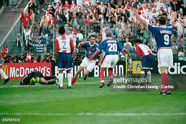 Laurent Blanc from France celebrates scoring the victorious goal during a round of 16 match of the 1998 FIFA World Cup against Paraguay.